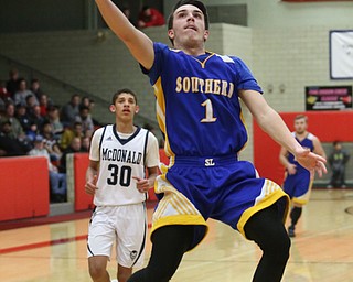 Dominic Pugliano(1) of Southern goes up for a layup during the 4th quarter as Southern Local takes on McDonald, Friday, March 10, 2017 at Struthers High School. McDonald won 96-43...(Nikos Frazier | The Vindicator)..