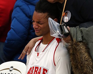 MICHAEL G TAYLOR | THE VINDICATOR- 03-10-17  -Basketball-   After losing the district final to Garfield, Labrae's #40 Walt Allie is consoled by his mother. Boys high School basketball Garfield G-Men vs Labrae Vikings D3 Distric Finals at Warren G. Harding High School, Warren, OH