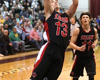 Zach Bezon(13) of Salem goes up for two during the 2nd quarter as Salem takes on Ursuline in the Division II District Final, Saturday, March 11, 2017 at Boardman High School. Ursuline won 70-33...(Nikos Frazier | The Vindicator)..