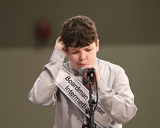        ROBERT K. YOSAY  | THE VINDICATOR.     .Intense as Boardman Center Intermediate  Frederick Millder (5) spells his word..West Branch eighth grade student Macey Stancato wins the 84th Regional Spelling Bee spelling the championship word "sarcoidosis" correctly..Poland's Sophie Sainato won second place and four-time returnee Angela McKenna from Girard won third place...-30-