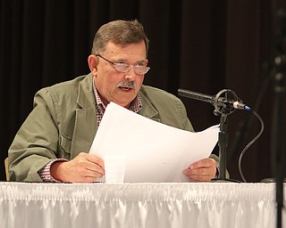        ROBERT K. YOSAY  | THE VINDICATOR.     .Dr Fred Owens...  pronounced the words and checks each speller .....West Branch eighth grade student Macey Stancato wins the 84th Regional Spelling Bee spelling the championship word "sarcoidosis" correctly..Poland's Sophie Sainato won second place and four-time returnee Angela McKenna from Girard won third place...-30-