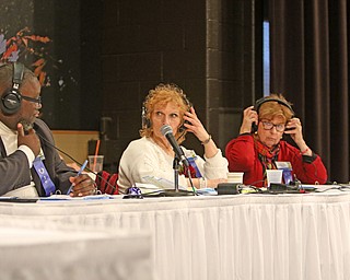        ROBERT K. YOSAY  | THE VINDICATOR.     .Checking the words...  as Judges Rev Lewis Macklin Mary Kay Earnhart and Carol Ryan.. .relisten to a word spelling..West Branch eighth grade student Macey Stancato wins the 84th Regional Spelling Bee spelling the championship word "sarcoidosis" correctly..Poland's Sophie Sainato won second place and four-time returnee Angela McKenna from Girard won third place...-30-