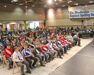        ROBERT K. YOSAY  | THE VINDICATOR.     .contestants  in th e 84th Bee sit patiently at the start of the Bee  held in Kilcawley on YSU campus..West Branch eighth grade student Macey Stancato wins the 84th Regional Spelling Bee spelling the championship word "sarcoidosis" correctly..Poland's Sophie Sainato won second place and four-time returnee Angela McKenna from Girard won third place...-30-