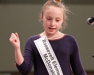        ROBERT K. YOSAY  | THE VINDICATOR.     .Roosevelt Elementary ( McDonald ) Mackenzie Sambroak (4)  spells her word..West Branch eighth grade student Macey Stancato wins the 84th Regional Spelling Bee spelling the championship word "sarcoidosis" correctly..Poland's Sophie Sainato won second place and four-time returnee Angela McKenna from Girard won third place...-30-
