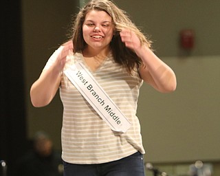       ROBERT K. YOSAY  | THE VINDICATOR.     .Macey  reacts after hearing she has won the 84th Spelling Bee..West Branch eighth grade student Macey Stancato wins the 84th Regional Spelling Bee spelling the championship word "sarcoidosis" correctly..Poland's Sophie Sainato won second place and four-time returnee Angela McKenna from Girard won third place...-30-