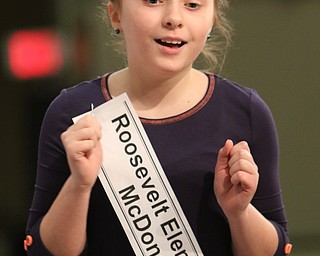        ROBERT K. YOSAY  | THE VINDICATOR.     .Roosevelt Elementary ( McDonald ) Mackenzie Sambroak (4)  spells her word..West Branch eighth grade student Macey Stancato wins the 84th Regional Spelling Bee spelling the championship word "sarcoidosis" correctly..Poland's Sophie Sainato won second place and four-time returnee Angela McKenna from Girard won third place...-30-