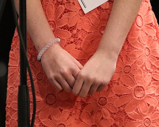        ROBERT K. YOSAY  | THE VINDICATOR.     .West Branch eighth grade student Macey Stancato wins the 84th Regional Spelling Bee spelling the championship word "sarcoidosis" correctly..Poland's Sophie Sainato won second place and four-time returnee Angela McKenna from Girard won third place...-30-