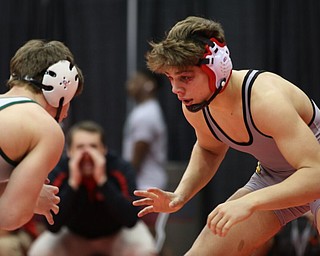 Anthony D'Alesio of Canfield defeats Collin Langer in the 152# Div II.  Photo by Mary Beidelschies