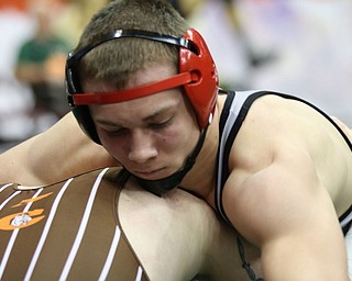 David Crawford of Canfield defeats Tarin Rauch of Uhrichsville Claymont to head to the Semi Finals in the 170# DivII. Photos By Mary Beidelschies.