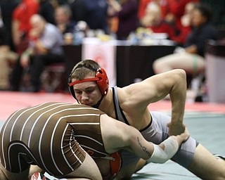 David Crawford of Canfield defeats Tarin Rauch of Uhrichsville Claymont to head to the Semi Finals in the 170# DivII. Photos By Mary Beidelschies.