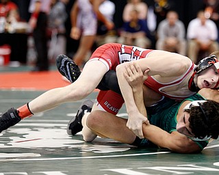 Beaver's Cole McComas, top, works against West Branch's Christian Wayt in a semi-final 106 pound match during the Division II Ohio state wrestling tournament at the Ohio State University Friday, March 10, 2017. (Photo by Paul Vernon)