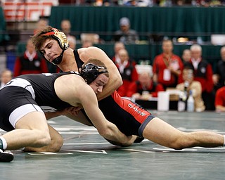 Canfield's Georgio Poullas, top, works against Graham Local's Ryan Thomas during a 160 pound championship match during the Division II Ohio state wrestling tournament at the Ohio State University Saturday, March 11, 2017. (Photo by Paul Vernon)
