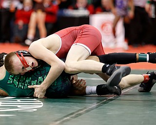 Beaver's Cole McComas, top, works against West Branch's Christian Wayt in a semi-final 106 pound match during the Division II Ohio state wrestling tournament at the Ohio State University Friday, March 10, 2017. (Photo by Paul Vernon)