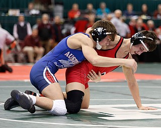 Austintown-Fitch's Gus Sutton, left, works against Elyria's Brendon Fenton in a semi-final 120 pound match during the Division I Ohio state wrestling tournament at the Ohio State University Friday, March 10, 2017. (Photo by Paul Vernon)