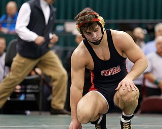 Canfield's Georgio Poullas is seen following a 160 pound championship match overtime loss against Graham Local's Ryan Thomas during the Division II Ohio state wrestling tournament at the Ohio State University Saturday, March 11, 2017. (Photo by Paul Vernon)