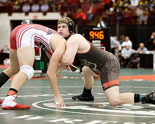 Giard's Jack DelGarbino, right, works against Wapakoneta's Landon Hall in a semi-final 220 pound match during the Division II Ohio state wrestling tournament at the Ohio State University Friday, March 10, 2017. (Photo by Paul Vernon)