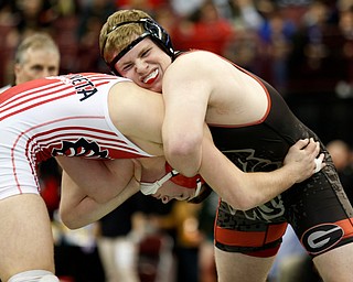 Giard's Jack DelGarbino, top, works against Wapakoneta's Landon Hall in a semi-final 220 pound match during the Division II Ohio state wrestling tournament at the Ohio State University Friday, March 10, 2017. (Photo by Paul Vernon)