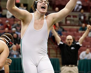 West Branch's Ian Sharp, celebrates a 285 pound championship match win over Canfield's Mason Giordano during the Division II Ohio state wrestling tournament at the Ohio State University Saturday, March 11, 2017. (Photo by Paul Vernon)