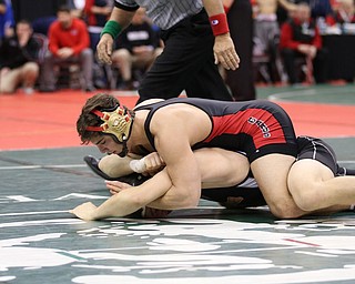 Georgio Poullas of Canfield defeats Noah Clary of Upper Sandusky to head to the Semi Finals in the 160# DivII bracket. Photo by Mary Beidelschies.
