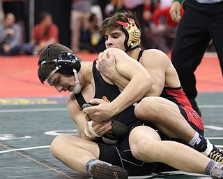 Georgio Poullas of Canfield defeats Noah Clary of Upper Sandusky to head to the Semi Finals in the 160# DivII bracket. Photo by Mary Beidelschies.