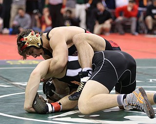 Georgio Poullas of Canfield defeats Noah Clary of Upper Sandusky to head to the Semi Finals in the 160# DivII bracket. Photo by Mary Beidelschies.