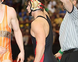 Georgio Poullas of Canfield heads to the Championship Finals after beating Ashton Eyler of Uhrichsville Claymont in the 160# Div II.  Photo by Mary Beidelschies.