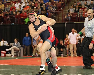 Georgio Poullas of Canfield heads to the Championship Finals after beating Ashton Eyler of Uhrichsville Claymont in the 160# Div II.  Photo by Mary Beidelschies.