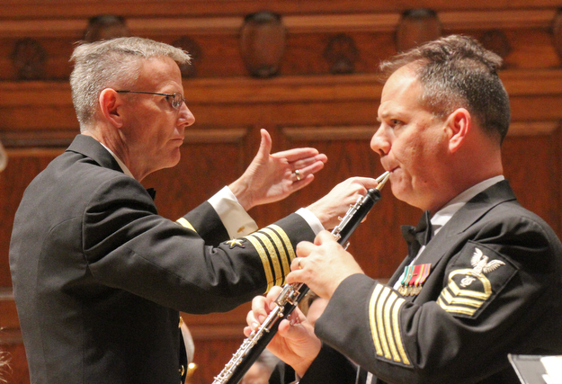 William D Lewis the vindicator  USN Capt. Kenneth C. Collins, commanding officer of US Navy Band, left, and Chief Musician Richard F. Reed Jr. on English  Horn during 3-14-17 concert at Stambaugh Auditorium in Youngstown.