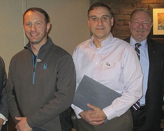 SPECIAL TO THE VINDICATOR
Ed Kalaher, president of the Rotary Club of Austintown, introduced three new members of the organization at the March 6 meeting. Don Sherwood, Jaysn Hill and Pete Kusky were inducted by Chuck Baker, longtime member, and Sieglinde Warren, district governor, presented theme pins to each. Kalaher sponsored all three new members. Guest speaker was Stephanie Shaw, director of the Eastern Ohio Educational Partnership. Above, from left, are Sherwood, Hill, Kusky, Baker and Warren. Below are Kalaher, Shaw, and Nick Orosan of the EOE Partnership.