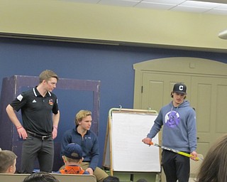 Neighbors | Alexis Bartolomucci.Youngstown Phantoms hockey players showed the guests at the Boardman library on Feb. 21 the different equipment they use to play.
