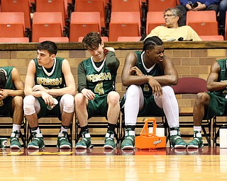 MICHAEL G TAYLOR | THE VINDICATOR- 03-16-17  -Basketball-  4th qtr, on the bench, Ursuline's team reacts to Ursuline's loss .  D2 Regional Semi Final-  Ursuline Irish vs Cleve Central Catholic Iromen at Canton Memorial Civic Center in Canton, OH