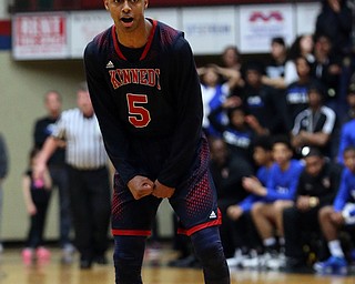 MICHAEL G TAYLOR | THE VINDICATOR- 03-17-17  -Basketball- 4th qtr, JFK's #5 Bryon Taylor celebrates JFK pulls within 1 point.  D4 Regional Final, Cleve Luthern East Falcons vs JFK Eagles at Canton Fieldhouse in Canton, OH