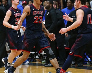 MICHAEL G TAYLOR | THE VINDICATOR- 03-17-17  -Basketball- 4th qtr, JFK's #23 Antonio McQueen  celebrates during JFK's comeback.  D4 Regional Final, Cleve Luthern East Falcons vs JFK Eagles at Canton Fieldhouse in Canton, OH