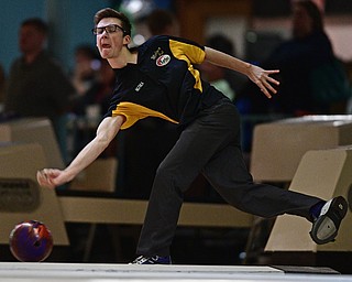 HUBBARD, OHIO - MARCH 19, 2017: Marcus McClain of Allen Park, Michigan throws his ball during a qualifying round of the PBA Trumbull County Tourism Bureau Central/East Open, Sunday afternoon at Bell-Wick Bowl.