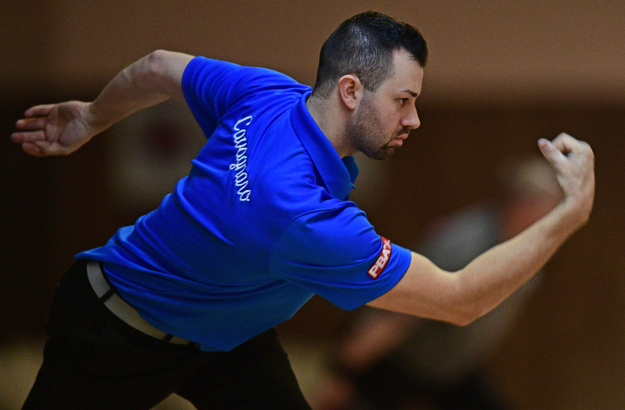 HUBBARD, OHIO - MARCH 19, 2017: Alex Cavagnaro of Massapequa, New York watches as his ball rolls down the alley during a qualifying round of the PBA Trumbull County Tourism Bureau Central/East Open, Sunday afternoon at Bell-Wick Bowl.