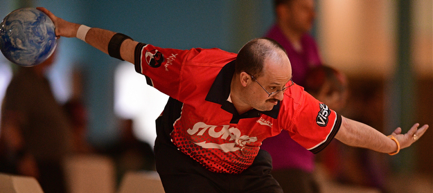 HUBBARD, OHIO - MARCH 19, 2017: Rick Graham of Lancaster, Pennsylvania throws his ball during a qualifying round of the PBA Trumbull County Tourism Bureau Central/East Open, Sunday afternoon at Bell-Wick Bowl.