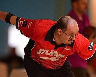 HUBBARD, OHIO - MARCH 19, 2017: Rick Graham of Lancaster, Pennsylvania throws his ball during a qualifying round of the PBA Trumbull County Tourism Bureau Central/East Open, Sunday afternoon at Bell-Wick Bowl.