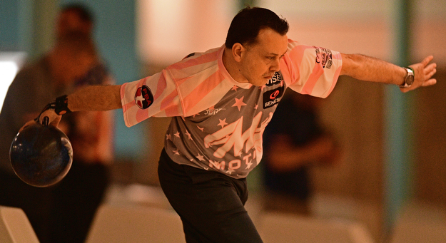 HUBBARD, OHIO - MARCH 19, 2017: Ryan Shafer of Horsehead, New York throws his ball during a qualifying round of the PBA Trumbull County Tourism Bureau Central/East Open, Sunday afternoon at Bell-Wick Bowl.