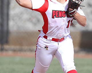 William D. Lewis The Vindicator YSU's Demi Ann Petonis(11) make the throw to first  during 3-21-17 game with akron at YSU...