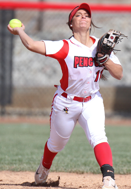 William D. Lewis The Vindicator YSU's Demi Ann Petonis(11) make the throw to first  during 3-21-17 game with akron at YSU...