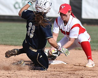 William D. Lewis The Vindicator  Akron's Caitlin Gambone(33) is out at 2nd. Making the tag for YSU is Brittney Moffatt(2)03212017 wdl ysu akron c..during 3-21-17 game at YSU.