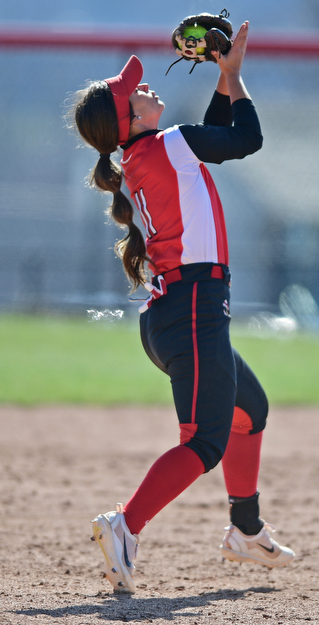 YOUNGSTOWN, OHIO - MARCH 23, 2017: Short stop Demi Ann Patonis #11 of YSU gets under the fly ball for the out in the fourth inning of game one, Thursday afternoons game at Youngstown State. DAVID DERMER | THE VINDICATOR