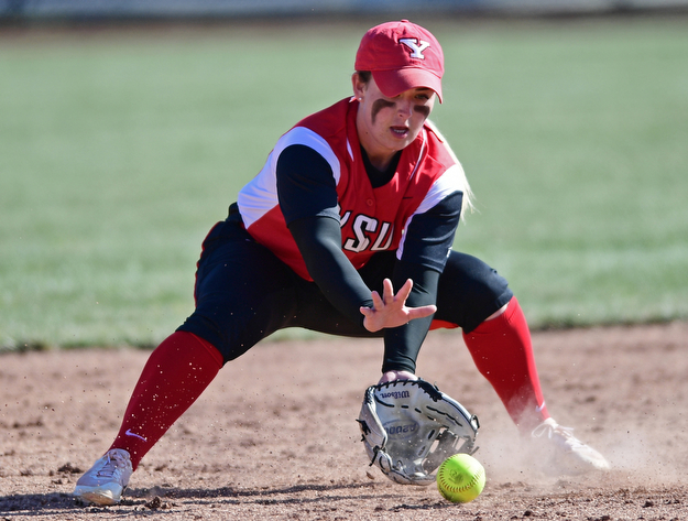 YOUNGSTOWN, OHIO - MARCH 23, 2017: Second basemen Brittney Moffatt #2 of YSU field the ball before throwing to first for the out in the fifth inning of game one, Thursday afternoons game at Youngstown State. DAVID DERMER | THE VINDICATOR