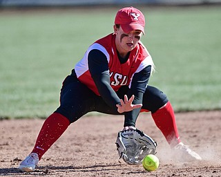 YOUNGSTOWN, OHIO - MARCH 23, 2017: Second basemen Brittney Moffatt #2 of YSU field the ball before throwing to first for the out in the fifth inning of game one, Thursday afternoons game at Youngstown State. DAVID DERMER | THE VINDICATOR