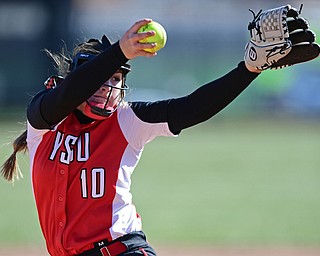YOUNGSTOWN, OHIO - MARCH 23, 2017: Pitcher Maddi Lusk #10 of YSU delivers in the 5th inning of game one, Thursday afternoons game at Youngstown State. DAVID DERMER | THE VINDICATOR