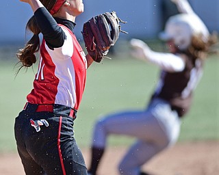 YOUNGSTOWN, OHIO - MARCH 23, 2017: Short stop Demi Ann Patonis #11 of YSU throws to first for the out in the 5th inning of game one, Thursday afternoons game at Youngstown State. DAVID DERMER | THE VINDICATOR