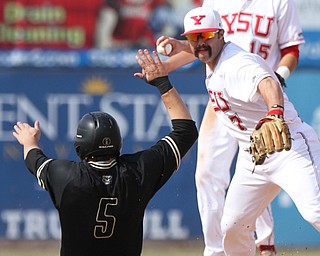 William D. Lewis The Vindicator OaklandsZach Sterry(5) is out a 2nd as YSU's Shane Willoughby tries to turn a double during 3-24-17 opener at Eastwood.