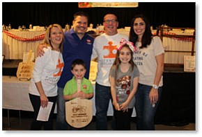 The eighth annual Mahoning Valley Pizza Cook-off took place March 5 at Mr. Anthony’s, Boardman, and raised more than $80,000 for Potential Development School for Students with Autism. A panel of 13 judges voted on entries in four categories, and the 1,300 attendees voted on the people’s choice award. The winner of the best traditional pizza category was Gia’s Pizza; best gourmet pizza, Pizza Joe’s; best non-red pizza, Bruno Bros.; best Brier Hill pizza, Belleria of Warren; and people’s choice, Cocca’s Pizza. Gia’s Pizza also was named Maestro di Cucina, with the highest total score in all the categories, and was the overall winner of the competition. From left, are Sue Strickland, board president of Potential Development and vice president of marketing for Simon Roofing; Frank Guerrieri, co-owner and operator of Gia’s Pizza; Paul Garchar, executive director of Potential Development; and Lynn Guerreri, co-owner and operator of Gia’s Pizza. In front are Angelo and Gia Guerreri. SPECIAL TO THE VINDICATOR