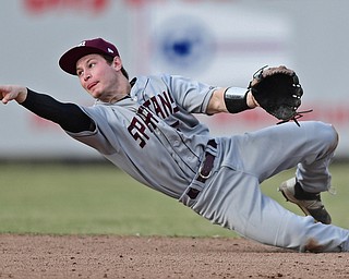 STRUTHERS, OHIO - MARCh 25, 2017: Second basemen Travis Harvey #5 of Boardman flips the ball to second base to unsuccessfully attempt to force out the base runner in the second inning of Saturday evenings game. South Range won 4-3 in 10 innings. DAVID DERMER | THE VINDICATOR