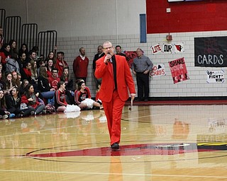 Neighbors | Abby Slanker.Jeremy Hamilton, the voice of the Canfield Cardinals basketball team, welcomed Canfield High School students to the Sprit Week pep rally on Feb. 16.